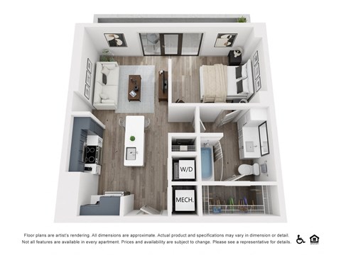 Floor plan for 1 bed, 1 bath, 623 sqft